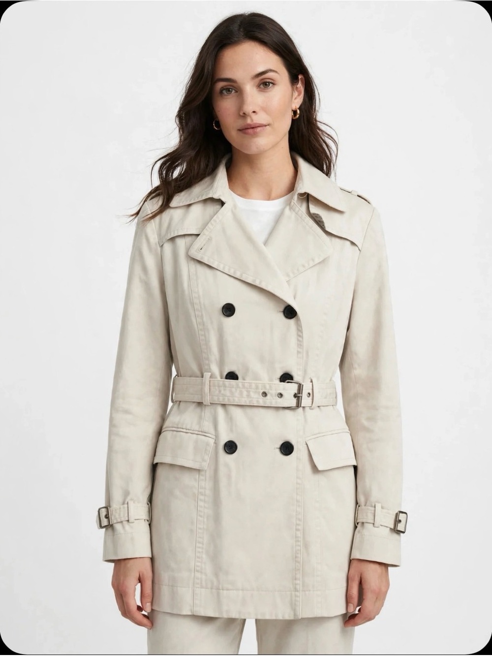 Express Classic Double-Breasted Trench Coat in Light Beige